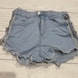 Women's Light Blue Denim Shorts with Chain Accents
